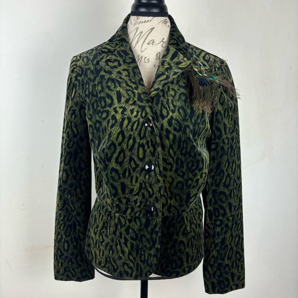 Anthro-Anthracite Leopard print green velvet blazer w/peacock pin-Woman’s 10-EUC - Picture 2 of 14